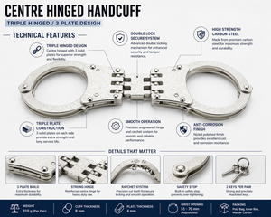 Menottes en acier inoxydable à double verrouillage robustes et articulées Phoenix, sans sangle, finition argentée - Product Image 5