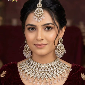 ชุดสร้อยคอทองคำชุบวินเทจคุณภาพสูงประดับมุกและ Kundan พร้อมต่างหูและเครื่องประดับศีรษะแบบ Maang Tikka สำหรับงานหมั้น งานแต่งงาน และงานเลี้ยง - Product Image 1