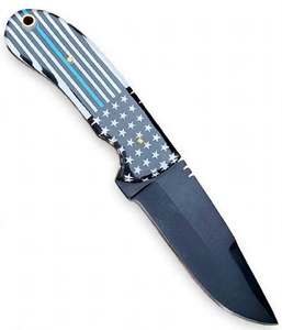 Cuchillo de hoja fija negro mate hecho a mano para exteriores con mango de resina con la bandera de la línea azul delgada y orificio para cordón de latón para uso en campo - Product Image 2