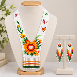 Parure de bijoux fantaisie faite main Jaunty avec collier et boucles d'oreilles pendantes en perles de verre florales ethniques pour femme, idéale pour mariages et soirées - Product Image 2