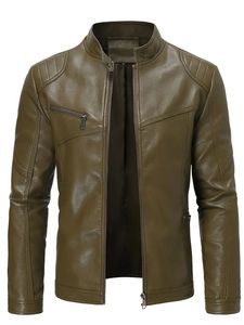 Chaqueta de Moto para Hombre de Cuero PU, Cuello Alto, Cierre de Cremallera, Color Sólido, Corte Ajustado, Manga Regular, Invierno, Logotipo Bordado en la Parte Delantera - Product Image 1