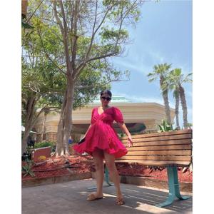 Handmade 100% Cotton <b>Pink</b> Color V Neck Mini Dress with Short Sleeves Tiered Hem And Drawstrings In Front Party <b>Bear</b> Dress - Product Image 2