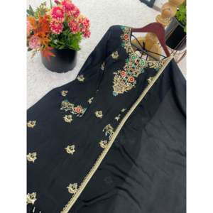 Top de trabajo de secuencia de bordado pesado de diseñador de moda Zeel-Sharara y Dupatta Ropa Africana Negro Talla L - Product Image 5