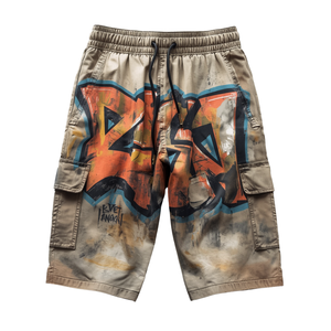 Shorts en coton pour hommes, décontractés, taille mi-haute, avec cordon de serrage, respirants, imprimés graffiti - Product Image 3