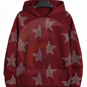 Sudadera con capucha para hombre 100% algodón con cremallera, logo bordado, estampado de diamantes de imitación negros, talla grande - Product Image 2