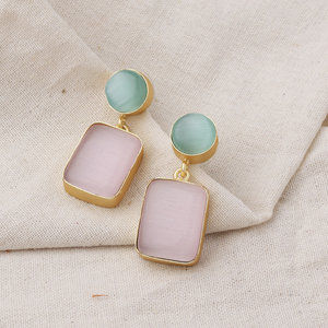 Handcrafted Dual Tone Cat Eye Stone <b>Dangle</b> <b>Earrings</b> <b>Gold</b> Plated Brass Pink Green Statement <b>Earrings</b> for Women Elegant Bohemian - Product Image 2
