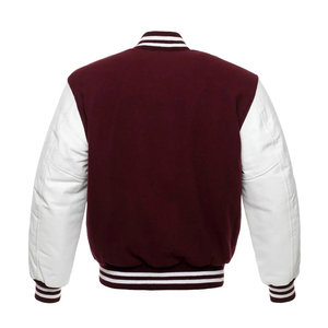 BrightWhiteSleeves Maroon Body Stand Collar Patchwork Letterman <b>Jacket</b> <b>Leather</b> Sleeves Custom <b>Leather</b> Varsity <b>Jacket</b> for <b>Men</b> - Product Image 1