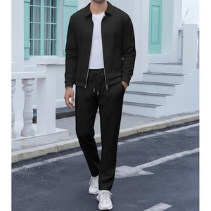 Men's Black <b>Knitted</b> Tracksuit <b>Set</b> Stand Collar Zipper Casual Autumn Wear Breathable Solid Color Polyester Sportswear - Product Image 3