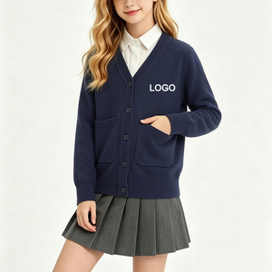 Cardigan en tricot blanc léger à manches longues et col en V pour filles, avec poches, idéal pour la rentrée scolaire - Product Image 1