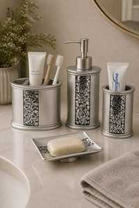 Modern Metal Bathroom <b>Set</b> 5 Piece Round <b>Soap</b> Dish <b>Toothbrush</b> <b>Holder</b> Tumbler Waste Bin With Pump <b>Dispenser</b> Decoration For Home - Product Image 6