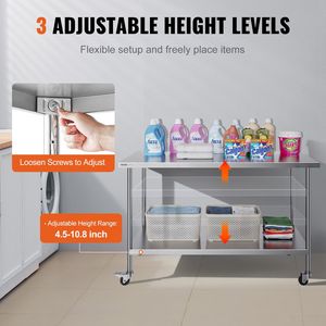 Tavolo da Lavoro in Acciaio Inox Resistente 30 X 60 X 38 Pollici, 4 Ruote, 3 Livelli di Altezza Regolabili, per Cucine Commerciali e Fabbricazioni in Acciaio - Product Image 5