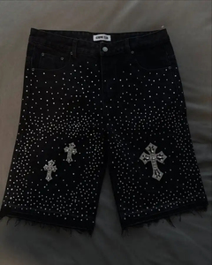 Shorts en jean vintage Y2K personnalisés avec patchs en strass, double poche, shorts en jean pour hommes, shorts en jean noirs hip hop - Product Image 2