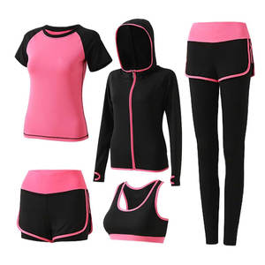 สินค้ามาใหม่ ดีไซน์ล่าสุด ชุดโยคะผู้หญิง 5 ชิ้น ไซส์พลัส ผ้าเนื้อเดียว คุณภาพสูง ผลิตจากผ้าสแปนเด็กซ์/โพลีเอสเตอร์ แห้งเร็ว ระบายอากาศได้ดี - Product Image 1