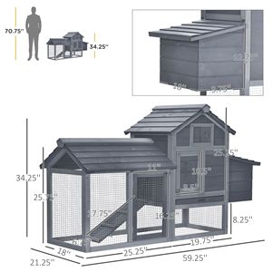 Pollaio in Legno da Esterno per Giardino, 150 cm, con 2 Porte e Cassetta Nido, Vassoio Rimovibile, Gabbia per Polli Grigia - Product Image 2