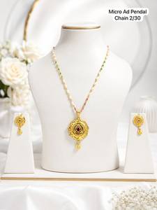 Gold Plated Vintage Jewelry Set With Zircon Pendant <b>Necklace</b> and Earrings For Women Wedding Style Imitation Pearl Beaded <b>Chain</b> - Product Image 3