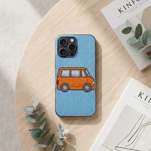 Funda de Teléfono Bordada con Cuentas de Vidrio Hechas a Mano, Base de Poliéster, Forma Rectangular, Fondo Azul, Patrón de Camioneta Naranja - Product Image 2