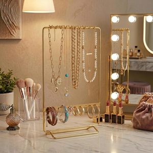 Organizador de Joyas de Metal con 11 Ganchos, 10 Orificios para Pendientes, Soporte para Collares, Estante de Almacenamiento para Pulseras y Anillos, Exhibidor de Joyas Dorado - Product Image 3