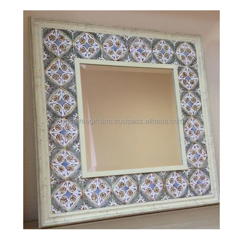 Specchio appesa a parete in legno fatto a mano con disegno floreale di rifinitura a forma quadrata multicolore per la decorazione domestica