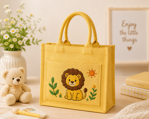 Cute Cartoon Lion Jute Tote <b>Bag</b> <b>Medium</b> <b>Size</b> Hand Length Handle Daily Shopping <b>Bag</b> Yellow - Product Image 1