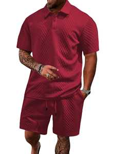 Conjunto de Camisa Polo Negra Acolchada y Pantalones Cortos para Hombre, Atuendo Casual de Dos Piezas para Verano, Transpirable y Ligero - Product Image 4