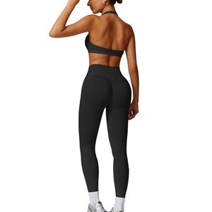 Conjunto de Yoga sin Costuras de 2 Piezas, Top Corto de Cintura Alta y Leggings Largos, Color Sólido, Escote sin Espalda, Ropa Deportiva para Mujer - Product Image 1