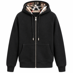Sweat-shirt à capuche zippé noir pour homme avec doublure à carreaux, coupe classique, en molleton décontracté, idéal pour l'automne - Product Image 1