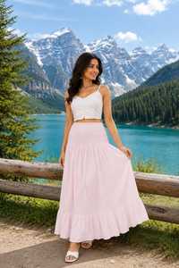 Women's Pink <b>Elastic</b> <b>Waist</b> A-Line Ball Gown Floor-Length <b>Skirt</b> Handmade Eco-Friendly 100% Cotton Bohemian Summer Breathable - Product Image 4
