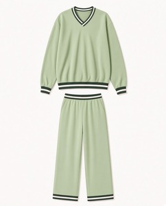 Sweat-shirt à manches longues et col en V assorti à un pantalon de survêtement à jambes larges, coupe décontractée, tenue de tous les jours, vêtements personnalisés en gros - Product Image 2