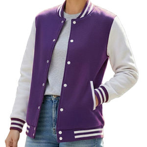 Women's <b>Purple</b> <b>Varsity</b> <b>Jacket</b> Full Sleeve Contrast Color Solid Pattern Button Up Collar Regular Length Autumn Wear - Product Image 1