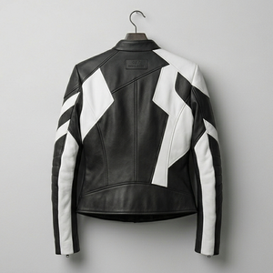Blouson moto homme en cuir PU noir et blanc, coupe ajustée, col rabattable, fermeture éclair, style hiver - Product Image 5