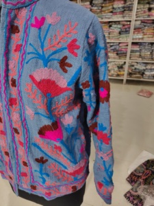 Women's Blue Knitted Mandarin Collar Jacket With Hand Embroidery Floral Pattern Full Sleeve Autumn Wear <b>gift</b> for her - Product Image 3