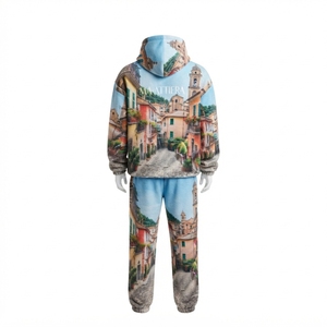 Conjunto de Chándal para Hombre con Sudadera con Cremallera y Estampado de Pueblo Azul, Pantalones de Pierna Ancha, Estilo Urbano Personalizado, Moda Casual a Juego - Product Image 4