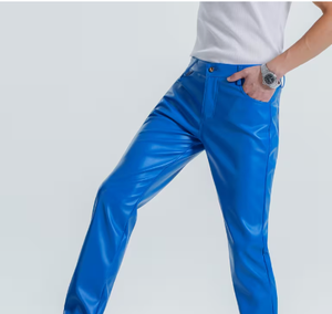 Men's Blue PU Coated Straight Fit Casual <b>Trousers</b> <b>Elastic</b> <b>Waist</b> Anti-Pilling Stone Wash Heavyweight Winter Wear Stylish PU Pants - Product Image 1