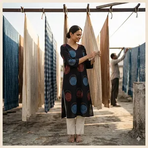 Kurti en coton imprimé pour femmes, noir, col en V, manches trois quarts, coupe droite, tunique ethnique décontractée, tenue confortable pour tous les jours - Product Image 4