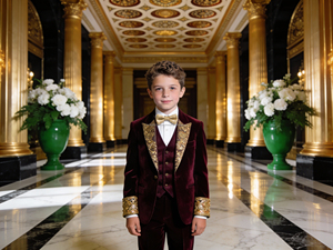 Traje de Fiesta para Niños, Color Borgoña, Terciopelo, Doble Botonadura, con Bordado Dorado, Ropa Formal para Bodas - Product Image 4