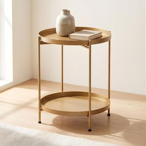 Modern <b>Round</b> Metal <b>Coffee</b> <b>Table</b> with Storage Shelf <b>Marble</b> Top Minimalist Living Room Furniture Gold Finish 16 in Diameter - Product Image 1