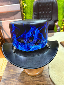Chapeau haut de forme fait main avec motif crâne flamme bleue, style Western Cowboy Steampunk Gothique Biker, pour adultes, idéal pour les fêtes - Product Image 2