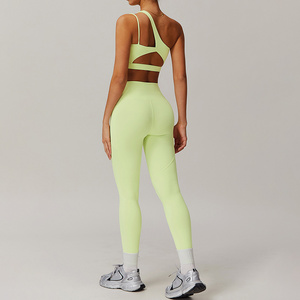 Conjunto de Yoga Asimétrico de Un Hombro, Leggings de Cintura Alta y Largo Completo, Sin Costuras, 2 Piezas, Color Negro Sólido, Spandex y Poliéster, Ropa Deportiva - Product Image 6