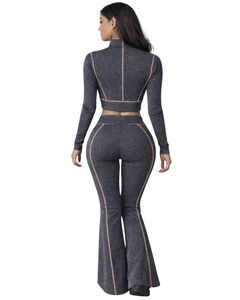 ชุดโยคะสองชิ้นสีเทาชาร์โคลสำหรับผู้หญิง เสื้อครอปซิปและกางเกงขาบานเอวสูง แต่งขอบตัดสี ชุดออกกำลังกาย ชุดฟิตเนส รับผลิตตามแบบ OEM - Product Image 2