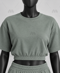 Conjunto de 2 Piezas para Mujer, Color Verde Claro Sólido, Top Corto de Punto de Manga Corta, Pantalones Anchos de Cintura Alta, Cintura Elástica Informal, Invierno - Product Image 2