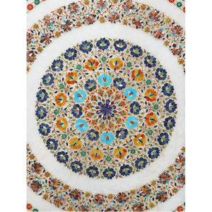 Handcrafted White Marble Inlay Round <b>Table</b> Top with Floral Pietra Dura Design for <b>Coffee</b> & Dining <b>Table</b> - Product Image 2