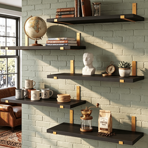 5 Pack Black Floating <b>Shelves</b> with Gold Brackets 15.85" <b>Rustic</b> Paulownia <b>Wood</b> Wall Mounted <b>Shelf</b> Set - Product Image 6