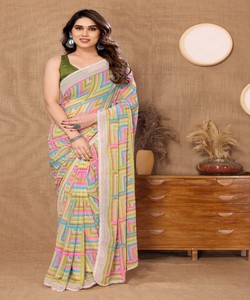 Sari tradicional estampado de un minuto con blusa sin coser para mujer, estilo casual, estilo India-Pakistán, largo hasta el suelo, ajuste regular. - Product Image 1