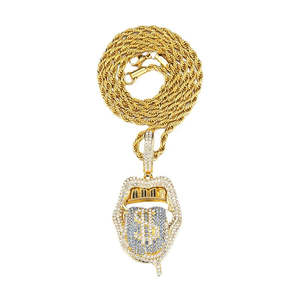 Ensemble de bijoux Hip Hop personnalisé avec pendentif en cristal serti de pierres, collier tennis, pendentif langue signe dollar pour homme et chaîne cubaine dorée - Product Image 4