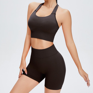 Conjunto de Yoga de Dos Piezas a Cuadros, Shorts de Cintura Alta, Top Halter sin Tirantes, Fruncido, Transpirable, Spandex/Nylon, Elástico en Cuatro Direcciones - Product Image 4