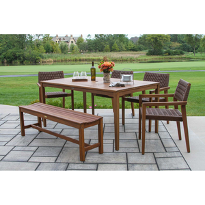 Conjunto de Mesa de Jardín de Teca con Sillas Tejidas y Banco, Diseño Contemporáneo, Muebles de Madera Maciza Duraderos, Impresión a Todo Color para Patio - Product Image 3