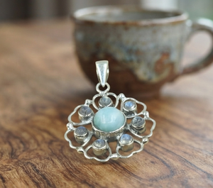 Wholesale 925 Sterling Silver Larimar Blue <b>Fire</b> Rainbow Moonstone Floral Mandala Pendant Handmade Women Bohemian Gold Plated - Product Image 3