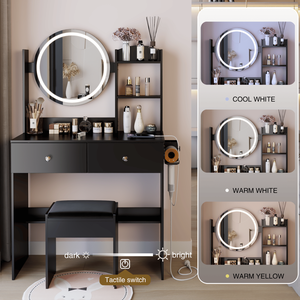 Tavolo da Trucco con Specchio LED da 17 Pollici, Sgabello Imbottito, 2 Prese AC+2 USB, Grande Specchio con Interruttore Touch, 3 Colori, Vanity per il Trucco - Product Image 3