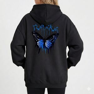The "melting butterfly" hoodie features a deep plum fabric with a high-contrast teal butterfly graphic on the back. - Product Image 4
