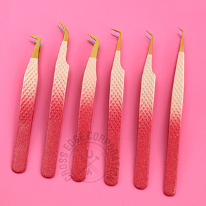Hot Sale Pink Eyelash Extension Fiber Tip Tweezers Stainless Steel Lash Tweezer 45 90 Degree Curved Volume Tweezer for Isolation - Product Image 1